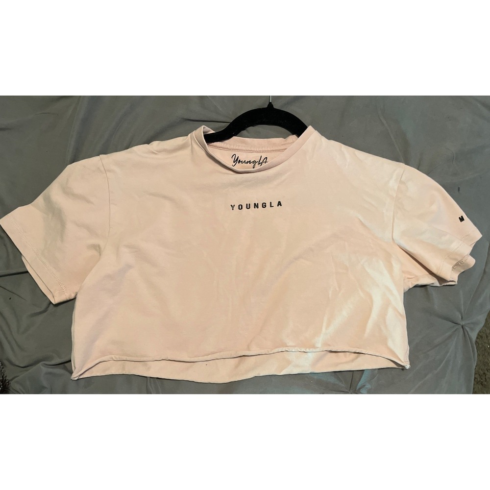 YoungLA Crop Top T-Shirt Women Small‎ Pink Short Sleeve Raw Hem Logo MMXIV